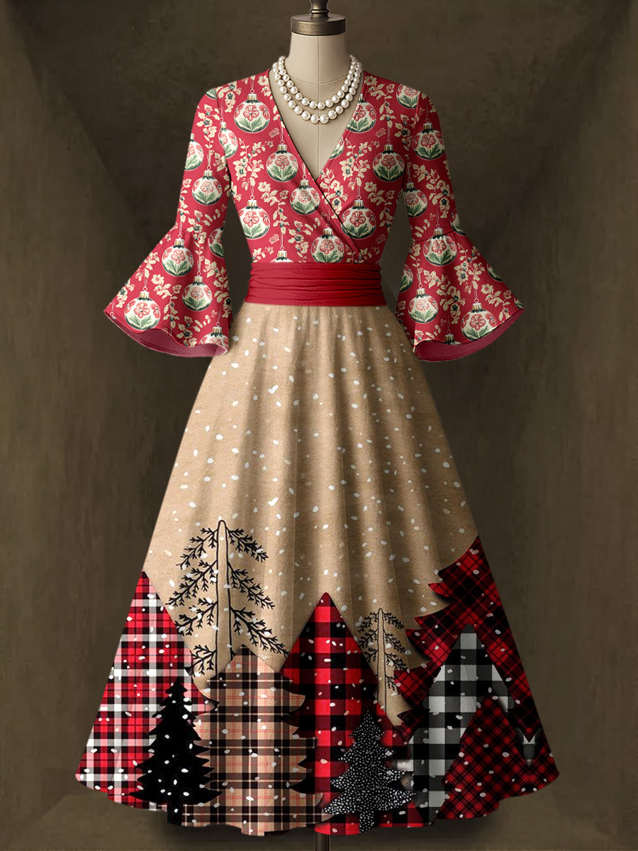 Retro Christmas Art Printed V-Neck Vintage Chic Pleated Waist Flare Sleeve Midi Dress